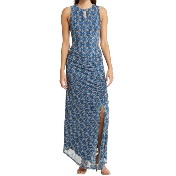 BTFL-LIFE Eilidh Runched Blue & White Sleeveless Sheath Maxi Dress - Picture 1 of 15